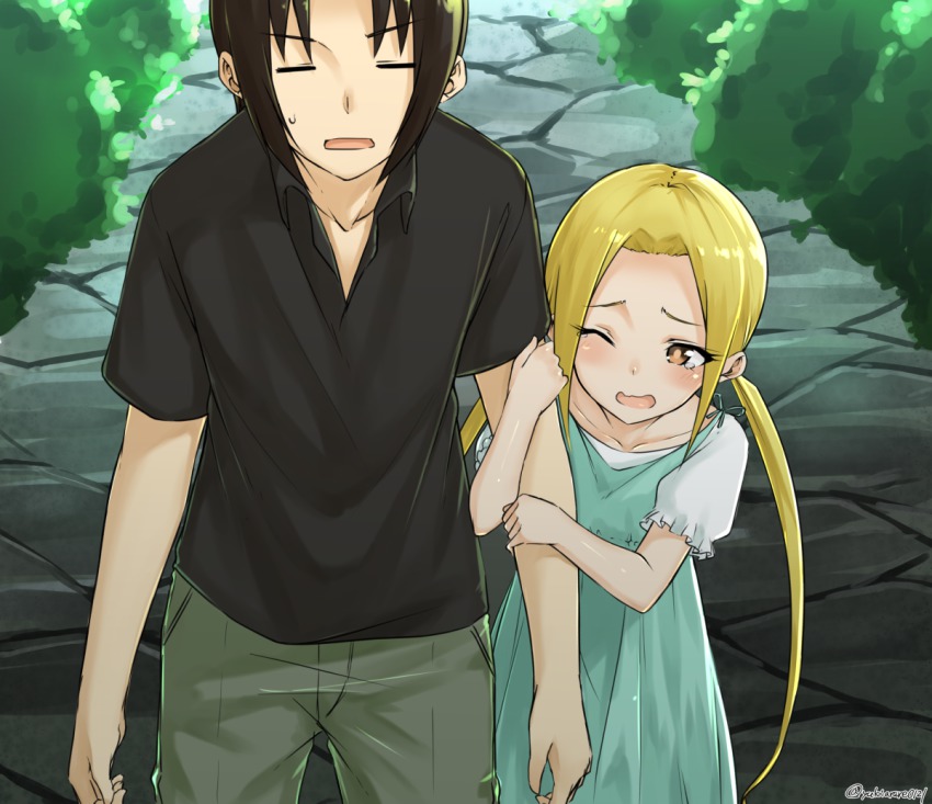1boy, 1girl, alternate_costume, arm_hug, black_hair, blonde_hair, blush, casual