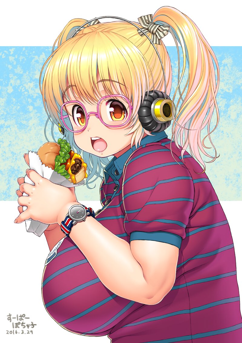 1girl, blonde_hair, blush, bow, breasts, burger, female_focus, food, glasses, hair_bow, hair_ornament, headphones, huge_breasts, looking_at_viewer, nitroplus, open_mouth, orange_eyes, plump, polo_shirt, ribons, solo, striped, super_pochaco, tsuji_santa, twintails, watch, wristwatch