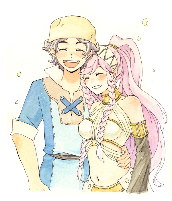 1boy, 1girl, braid, donnel_(fire_emblem), fire_emblem, fire_emblem_awakening, futatsuki_(perfect_lovers), hairband, hat, hetero, hisato, long_hair, navel, nintendo, olivia_(fire_emblem), pink_hair, ponytail, scar, short_hair, smile, twin_braids, very_long_hair