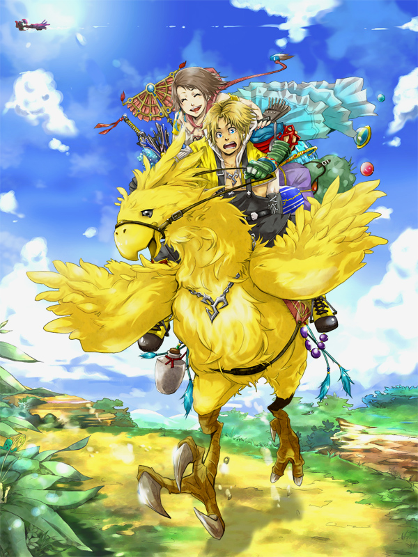 00s, 1boy, 1girl, blonde_hair, breasts, brown_hair, chocobo, final_fantasy