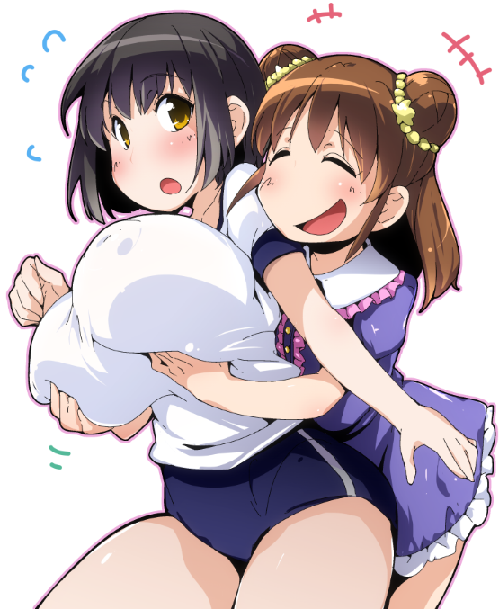 10s, 2girls, :d, :o, ^_^, age_difference, black_hair, blush, breasts, brown_hair, buruma, character_request, closed_eyes, covered_erect_nipples, double_bun, dress, flying_sweatdrops, frilled_skirt, frills, grabbing_another's_breast, groping, gym_uniform, hair_bun, huge_breasts, idolmaster, idolmaster_cinderella_girls, multiple_girls, munakata_atsumi, onee-loli, open_mouth, outline, semahiro, short_hair, simple_background, skirt, smile, takafuji_kako, thighs, white_background, yellow_eyes, yuri