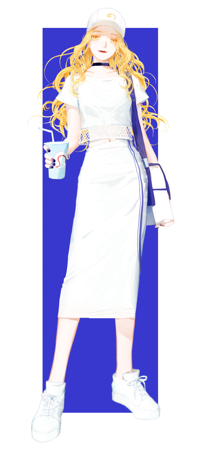 1girl, absurdres, baseball_cap, blonde_hair, choker, crop_top, female_focus, hat, highres, leo_(symbol), leo_(zodiac), leo_symbol, long_hair, long_skirt, midriff, moss_(2225028), nail_polish, navel, original, red_lips, shoes, skirt, solo, yellow_eyes, zodiac