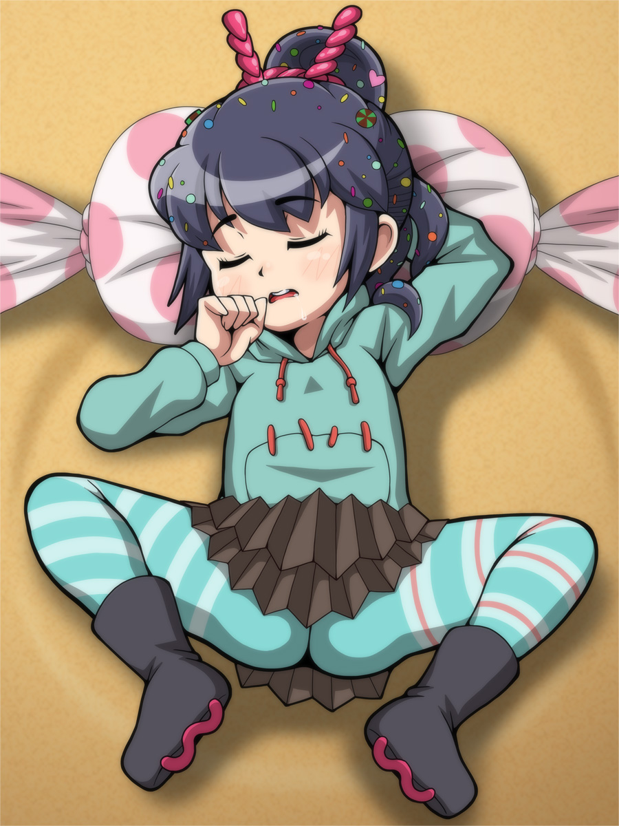 1girl, ass, black_hair, blush, closed_eyes, disney, genkotsu_herajika, highres, loli, lying, open_mouth, saliva, shiny_skin, sleeping, spread_legs, vanellope_von_schweetz, wreck-it_ralph