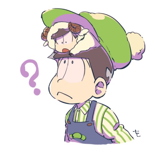 10s, 2boys, 77_(3nan77), :<, ?, animal_costume, bad_id, bad_twitter_id, black_hair, newsboy_cap, chibi, dual_persona, hat, male_focus, matsuno_choromatsu, multiple_boys, open_mouth, osomatsu-kun, osomatsu-san, osomatsu_(series), overalls, pom_pom_(clothes), sheep_costume, shirt, simple_background, striped_clothes, striped_shirt, white_background