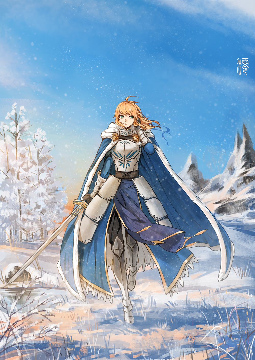 1girl, ahoge, armor, armored_boots, armored_dress, artoria_pendragon_(fate), black_gloves, blonde_hair, blue_cape, blue_sky, boots, breastplate, cape, day, dress, fate/stay_night, fate_(series), female_focus, full_body, fur_trim, gloves, greaves, green_eyes, grey_boots, hair_down, hand_in_own_hair, highres, jun_ling, knee_boots, outdoors, saber_(fate), sky, snow, snowing, solo, standing, standing_on_one_leg, sword, tree, walking, weapon