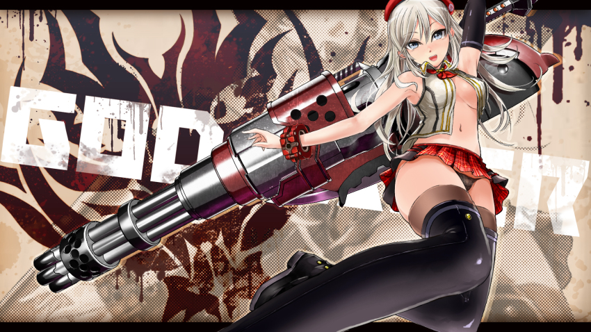 10s, 1girl, alisa_ilinichina_amiella, black_boots, black_pantyhose, black_thighhighs, blue_eyes, boots, breasts, cavo, elbow_gloves, female_focus, fingerless_gloves, gloves, god_eater, god_eater_2:_rage_burst, gun, hat, highres, huge_weapon, large_breasts, long_hair, looking_at_viewer, pantyhose, silver_hair, skirt, smile, solo, suspender_skirt, suspenders, thigh_boots, thighhighs, underboob, weapon