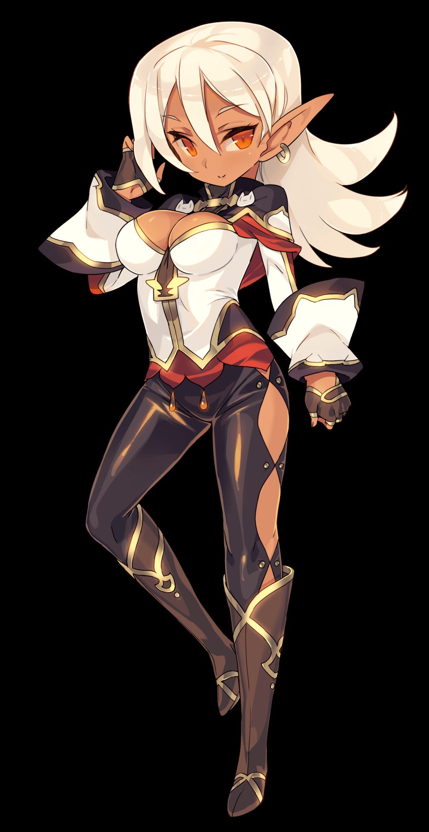 1girl, absurdres, blade_(galaxist), blonde_hair, blush, boots, breasts, brown_boots, cleavage, cleavage_cutout, clothing_cutout, dark-skinned_female, dark_elf, dark_skin, earrings, elf, female_focus, fingerless_gloves, full_body, gloves, hair_between_eyes, highres, jenna_kirsty, jewelry, knee_boots, large_breasts, long_hair, official_art, pointy_ears, pop-up_story, red_eyes, solo, transparent_background