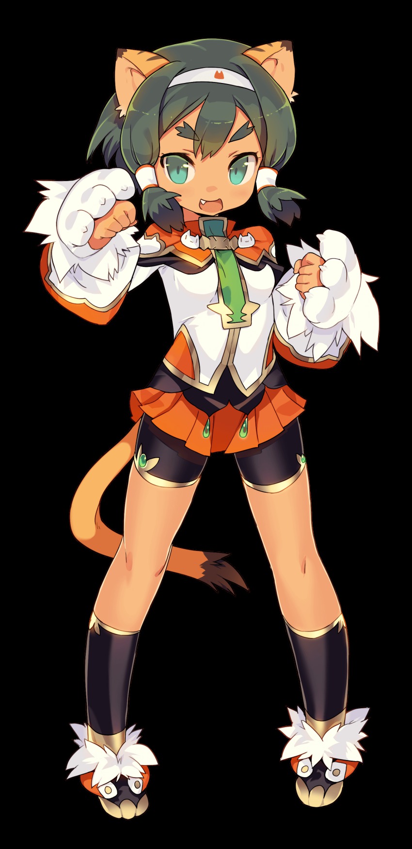1girl, :3, :d, absurdres, animal_ears, animal_hands, animal_print, aqua_eyes, armpits, bike_shorts, blade_(galaxist), blush, breasts, cat, cat_print, clenched_hands, dark-skinned_female, dark_skin, fang, female_focus, fighting_stance, full_body, fur_trim, green_hair, hair_ornament, hair_tubes, hairband, hannah_blaze, happy, highres, legs_apart, long_sleeves, looking_at_viewer, miniskirt, official_art, open_mouth, parted_bangs, pleated_skirt, pop-up_story, short_eyebrows, short_hair_with_long_locks, shorts, shorts_under_skirt, sidelocks, skirt, small_breasts, smile, solo, standing, tail, thick_eyebrows, tiger_ears, tiger_tail, transparent_background, |_|