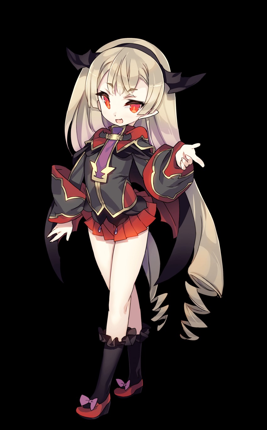 1girl, absurdres, black_legwear, blade_(galaxist), blonde_hair, blush, bright_pupils, camilla_regina, drill_hair, fang, female_focus, footwear_bow, frilled_legwear, frills, full_body, hairband, head_wings, highres, long_hair, long_sleeves, low_wings, mary_janes, official_art, open_mouth, pleated_skirt, pointy_ears, pop-up_story, red_eyes, shoes, skin_fang, skirt, sleeve_cuffs, slit_pupils, smile, solo, transparent_background, twin_drills, vampire, very_long_hair, wings