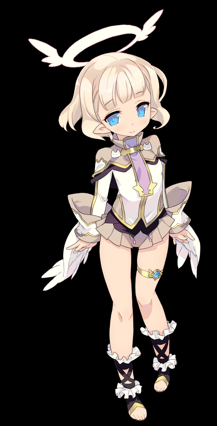 1girl, absurdres, angel, angel_wings, aqua_eyes, blade_(galaxist), blonde_hair, blue_eyes, female_focus, frilled_legwear, frills, full_body, halo, highres, jewelry, long_sleeves, low_wings, misty_sheikh, official_art, open_mouth, pleated_skirt, pointy_ears, pop-up_story, sandals, short_hair, skirt, sleeve_cuffs, smile, solo, thighlet, toeless_legwear, toes, transparent_background, wings