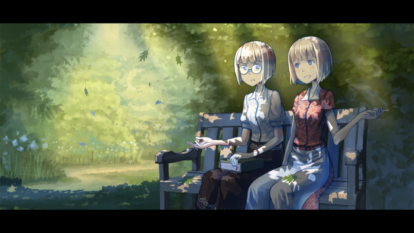 2girls, bench, blonde_hair, blue_eyes, blush, book, bracelet, breasts, cigarette, dappled_sunlight, erica_(naze1940), falling_leaves, flower, glasses, highres, jewelry, leaf, letterboxed, md5_mismatch, multiple_girls, nature, old_fashion, original, outdoors, short_hair, siblings, sisters, skirt, small_breasts, smile, smoke, smoking, sunlight, tree, twins, world_war_ii