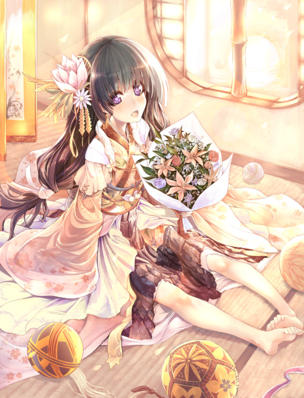 1girl, :d, akahoshi_kenji, ball, barefoot, black_hair, bouquet, female_focus