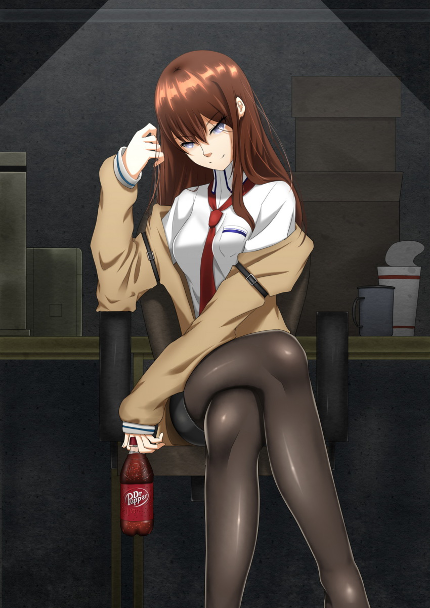 1girl, 5pb., black_pantyhose, blue_eyes, bottle, breasts, brown_hair, dr_pepper