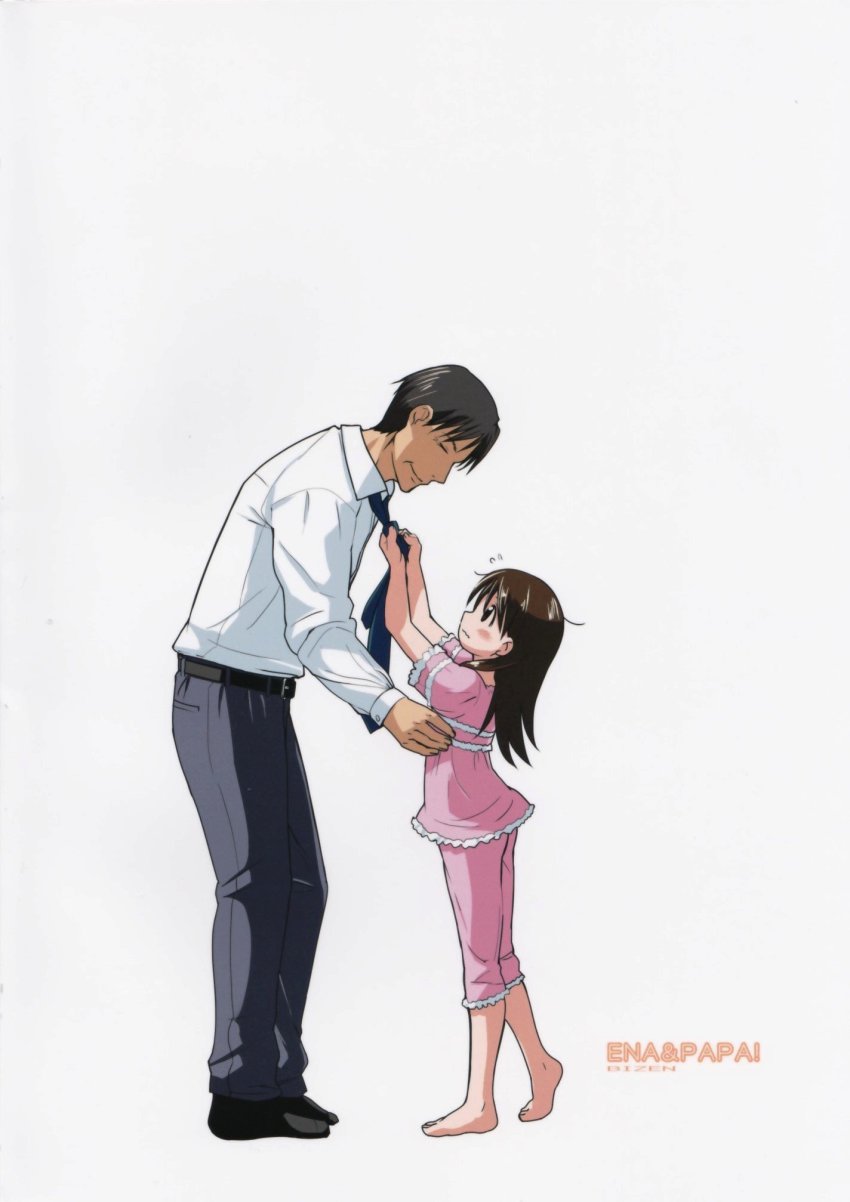 1boy, 1girl, adjusting_another's_clothes, adjusting_clothes, adjusting_necktie, ayase_ena, barefoot, belt