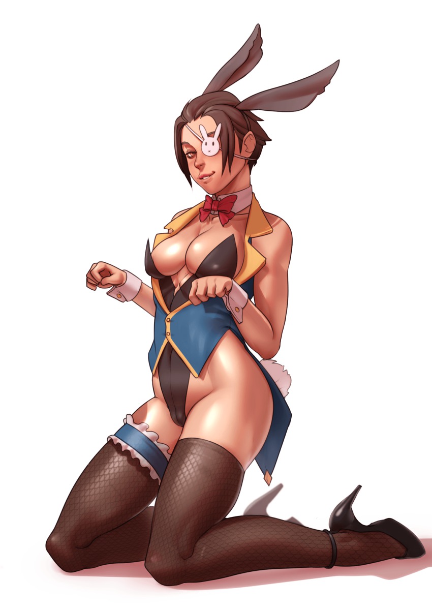 1girl, animal_ears, bow, bowtie, breasts, brown_eyes, brown_hair, cameltoe, cleavage, detached_collar, eyepatch, fake_animal_ears, female_focus, fishnet_legwear, fishnets, frilled_legwear, frilled_thigh_strap, full_body, high_heels, highleg, highleg_leotard, highres, jane_doe_(john_doe_(jdart)), john_doe_(jdart), kneeling, leotard, lips, nose, original, paw_pose, playboy_bunny, rabbit_ears, rabbit_eyepatch, rabbit_tail, short_hair, smile, solo, stiletto_heels, tail, thigh_strap, thighhighs, vest, wrist_cuffs