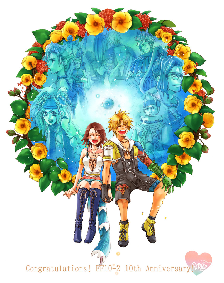 00s, 4girls, 6+boys, brother_(ff10), bad_id, bad_pixiv_id, baralai, blonde_hair, blush, boots, breasts, brown_hair, copyright_name, buddy_(ff10), english_text, final_fantasy, final_fantasy_x, final_fantasy_x-2, gippal, highres, jewelry, lenne_(ff10), long_hair, multiple_boys, multiple_girls, murata_(koto8416), necklace, nooj, paine, paine_(ff10), rikku_(ff10), shinra_(ff10), short_hair, shuyin, smile, tidus, yuna, yuna_(ff10)