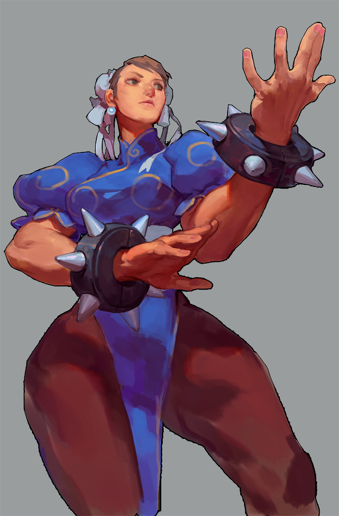1girl, blue_dress, blue_eyes, bracelet, brown_hair, brown_pantyhose, bun_cover, capcom, china_dress, chinese_clothes, chun-li, double_bun, dress, earrings, female_focus, fighting_stance, fl_(l-fl), from_below, hair_bun, jewelry, pantyhose, pelvic_curtain, puffy_short_sleeves, puffy_sleeves, short_hair, short_sleeves, side_slit, solo, spiked_bracelet, spikes, street_fighter, thick_thighs, thighs
