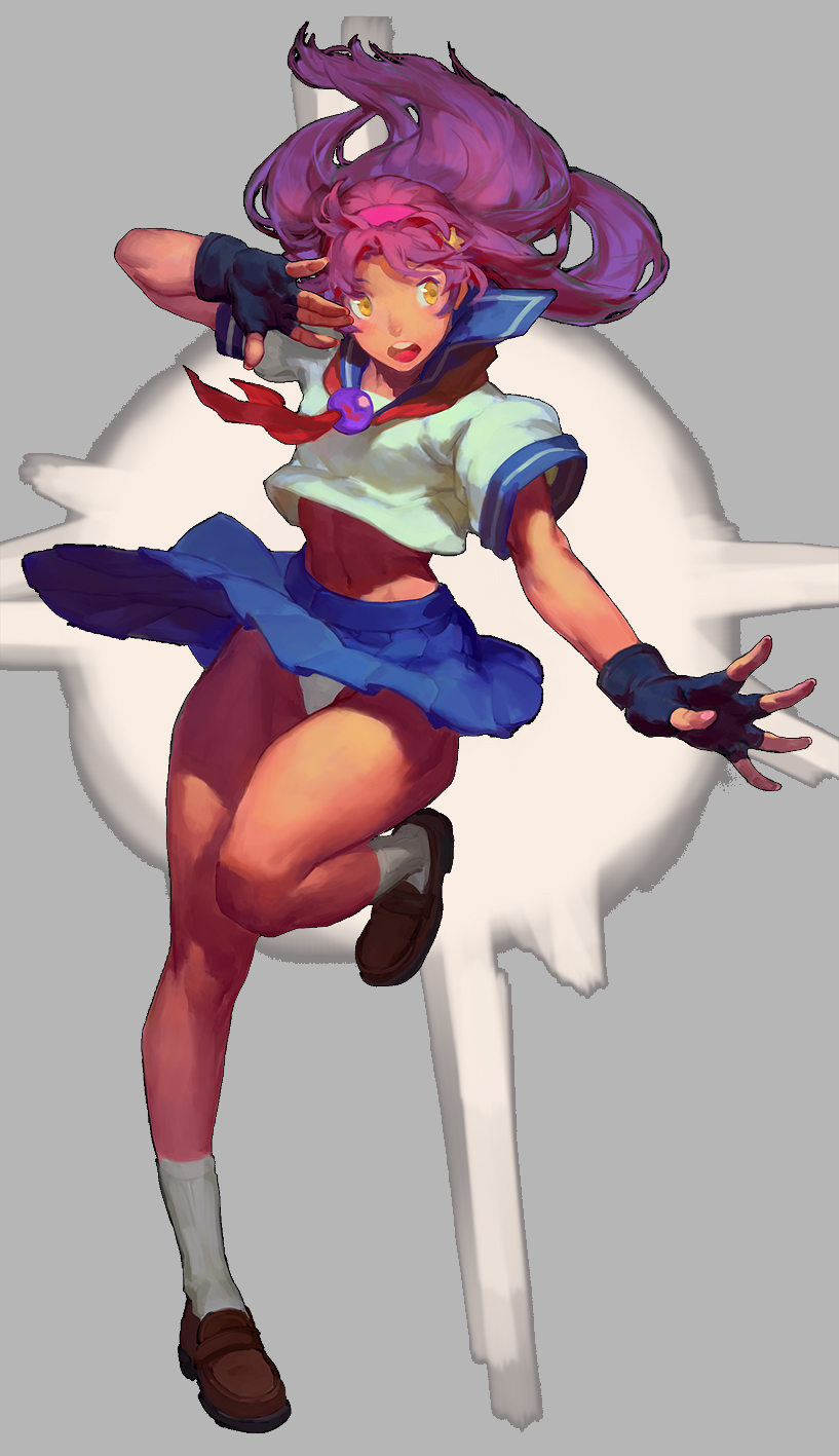 1girl, asamiya_athena, black_gloves, blue_skirt, breasts, female_focus, fighting_stance, fingerless_gloves, fl_(l-fl), full_body, gloves, hairband, highres, leg_lift, loafers, long_hair, navel, panties, pantyshot, pleated_skirt, purple_hair, school_uniform, serafuku, shoes, skirt, small_breasts, snk, socks, solo, star_(symbol), the_king_of_fighters, the_king_of_fighters_xi, toned, toned_female, underwear, white_panties, wind, wind_lift, yellow_eyes