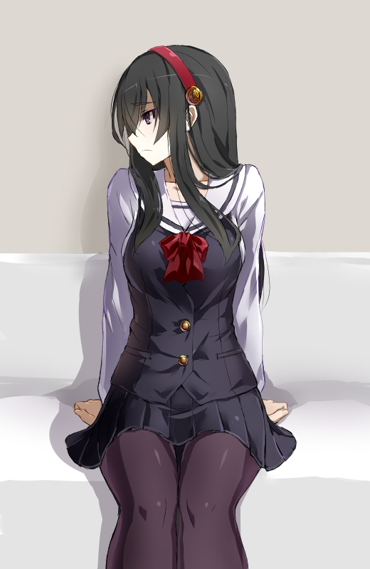 1girl, averting_eyes, black_hair, black_pantyhose, blush, bow, bowtie, breasts
