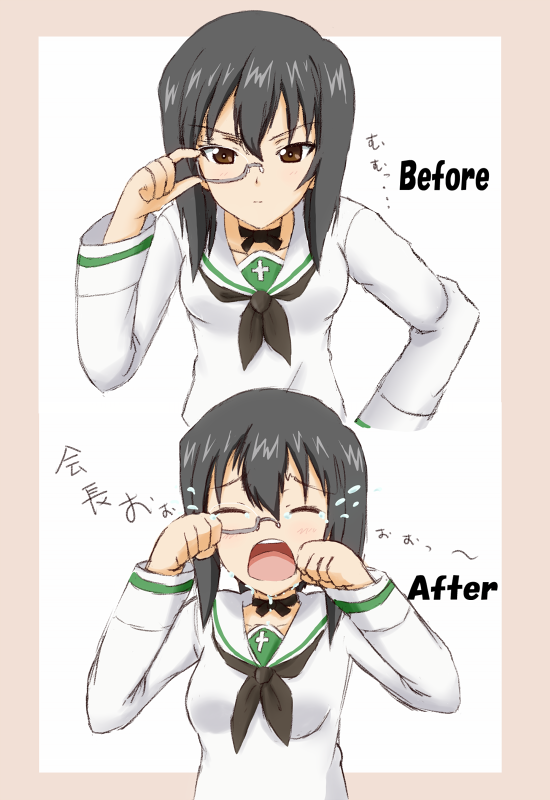 10s, 1girl, adjusting_monocle, before_and_after, black_eyes, black_hair, blouse, blush