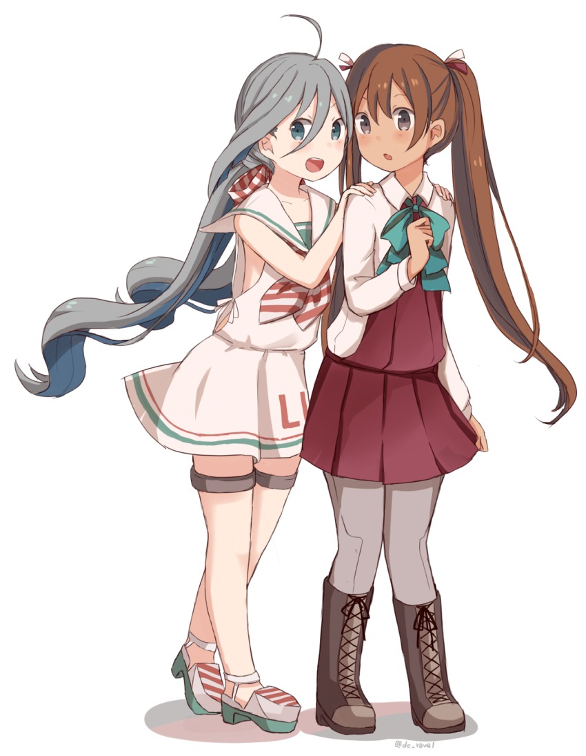 2girls, ahoge, bad_id, bad_twitter_id, bare_legs, blue_eyes, blue_hair, boots, bow, bowtie, brown_hair, cosplay, costume_switch, dress, grey_eyes, grey_hair, hair_ribbon, hands_on_another's_shoulders, highres, holding_own_skirt, kantai_collection, kiyoshimo_(kancolle), kiyoshimo_(kancolle)_(cosplay), libeccio_(kancolle), libeccio_(kancolle)_(cosplay), long_hair, looking_at_viewer, low_twintails, multicolored_hair, multiple_girls, neckerchief, open_mouth, pantyhose, pleated_skirt, ribbon, riz_(ravel_dc), sailor_dress, school_uniform, serafuku, skirt, sleeveless, sleeveless_dress, striped_neckerchief, thigh_strap, twintails, twitter_username