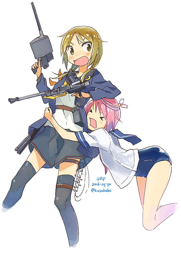 >_<, 2girls, blonde_hair, blush, cardigan, closed_eyes, cosplay, crescent, dated, i-58_(kancolle), i-58_(kancolle)_(cosplay), ichii_yui, kantai_collection, kusakabe_(kusakabeworks), long_hair, look-alike, low_twintails, multiple_girls, nonohara_yuzuko, pink_hair, satsuki_(kancolle), satsuki_(kancolle)_(cosplay), school_swimsuit, school_uniform, serafuku, ship_turret, short_hair, skirt, swimsuit, swimsuit_under_clothes, thighhighs, twintails, twitter_username, yellow_eyes, yuyushiki, zettai_ryouiki