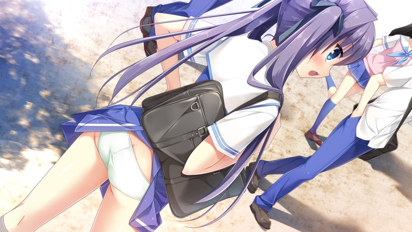1boy, 2girls, ass, bag, blue_eyes, blush, clothes_lift, contrapposto
