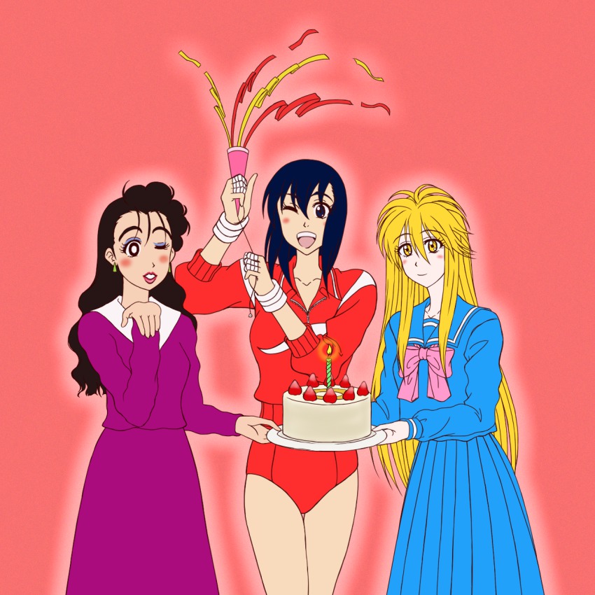 3girls, artist_request, ayuhara_natsu, bad_id, bad_pixiv_id, black_hair, blonde_hair, blush