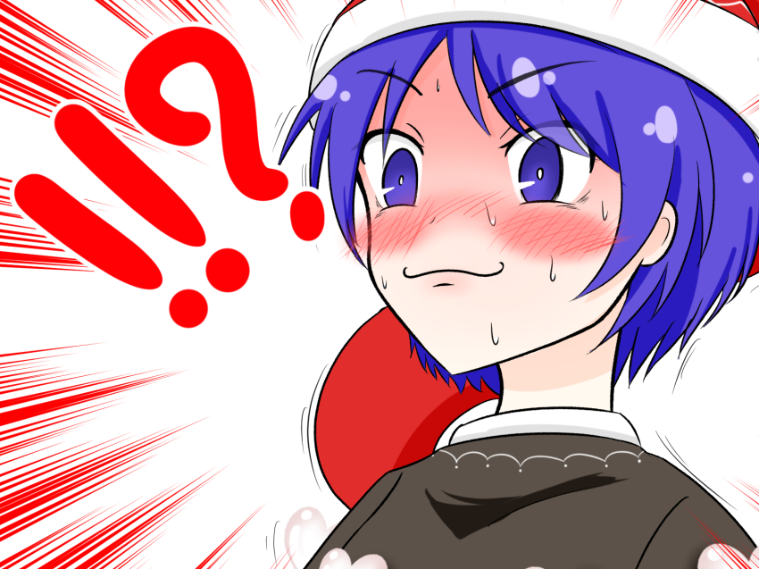 !?, 1girl, blue_eyes, blue_hair, blush, doremy_sweet, dress, emphasis_lines