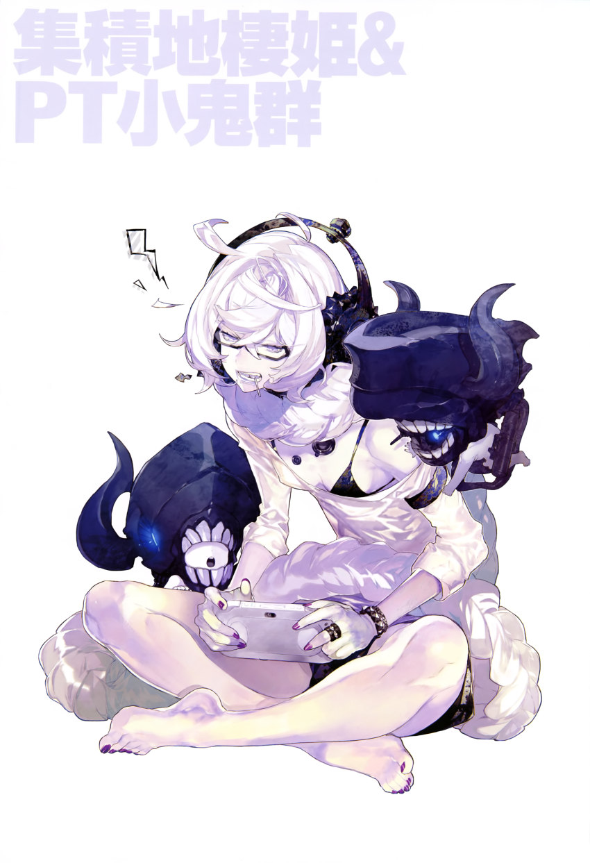 10s, 1girl, absurdres, abyssal_ship, akira_(kadokawa), barefoot, bikini, bikini_top_only, bracelet, braid, breasts, candy, cleavage, covered_erect_nipples, dress, feet, female_focus, food, full_body, glasses, handheld_game_console, headphones, highres, indian_style, jewelry, kantai_collection, lollipop, nail_polish, nyantype, official_art, open_clothes, open_mouth, open_shirt, playing_games, playing_video_games, playstation_vita, pt_imp_group, purple_nails, ring, scan, shirt, sitting, small_breasts, solo, supply_depot_princess, swimsuit, toenail_polish, toenails, white_background, white_hair