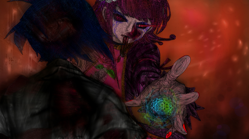 1boy, 1girl, bandaged_arm, bandages, blood, blood_on_face, blue_hair, chinese_clothes