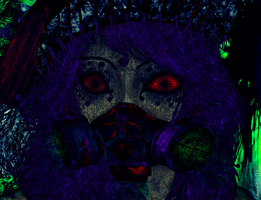 1girl, alternate_costume, alternate_hairstyle, artist_name, blue_hair, commentary, creepy, dark_persona