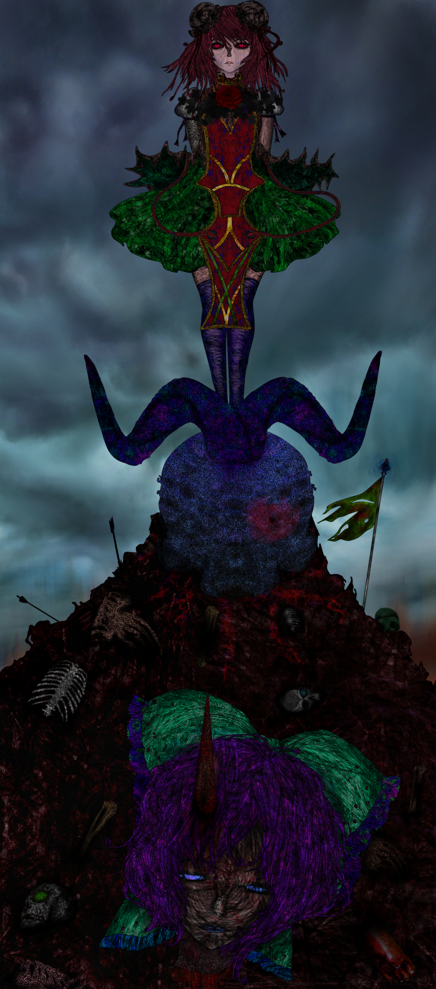 2girls, absurdres, alternate_costume, arms_behind_back, arrow_(projectile), bandaged_arm, bandages, blood, blood_on_face, blue_eyes, blue_lips, bone, bow, bun_cover, chinese_clothes, cloud, cloudy_sky, commentary, corruption, crystal, death, decay, demon_horns, double_bun, dripping, empty_eyes, evil_eyes, eyebrows, feet, flag, flesh, flower, green_skirt, hair_bun, head, highres, horns, ibaraki_kasen, japanese_clothes, legs, looking_at_viewer, looking_away, magic, md5_mismatch, miko, mud, multiple_girls, mutation, puffy_short_sleeves, puffy_sleeves, purple_hair, red_eyes, rose, short_hair, short_sleeves, shrine, skirt, skull, sky, soggates-nyan_(amurka-chan), stake, thighhighs, torn, touhou, tree