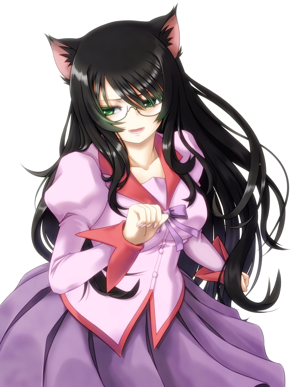 1girl, animal_ears, bakemonogatari, black_hair, cat_ears, female_focus, glasses, green_eyes