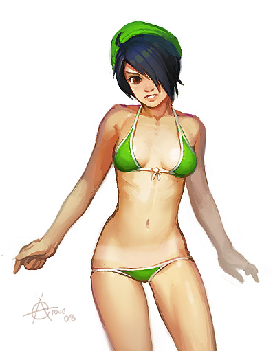00s, 1girl, 2008, arne_(android_arts), bikini, black_hair, breasts, brown_eyes