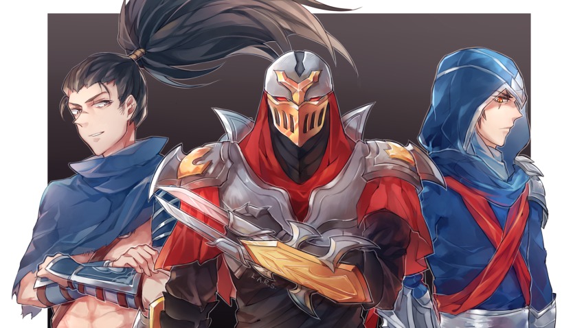 3boys, :d, abs, arm_blade, arm_guards, armor, black_hair, border