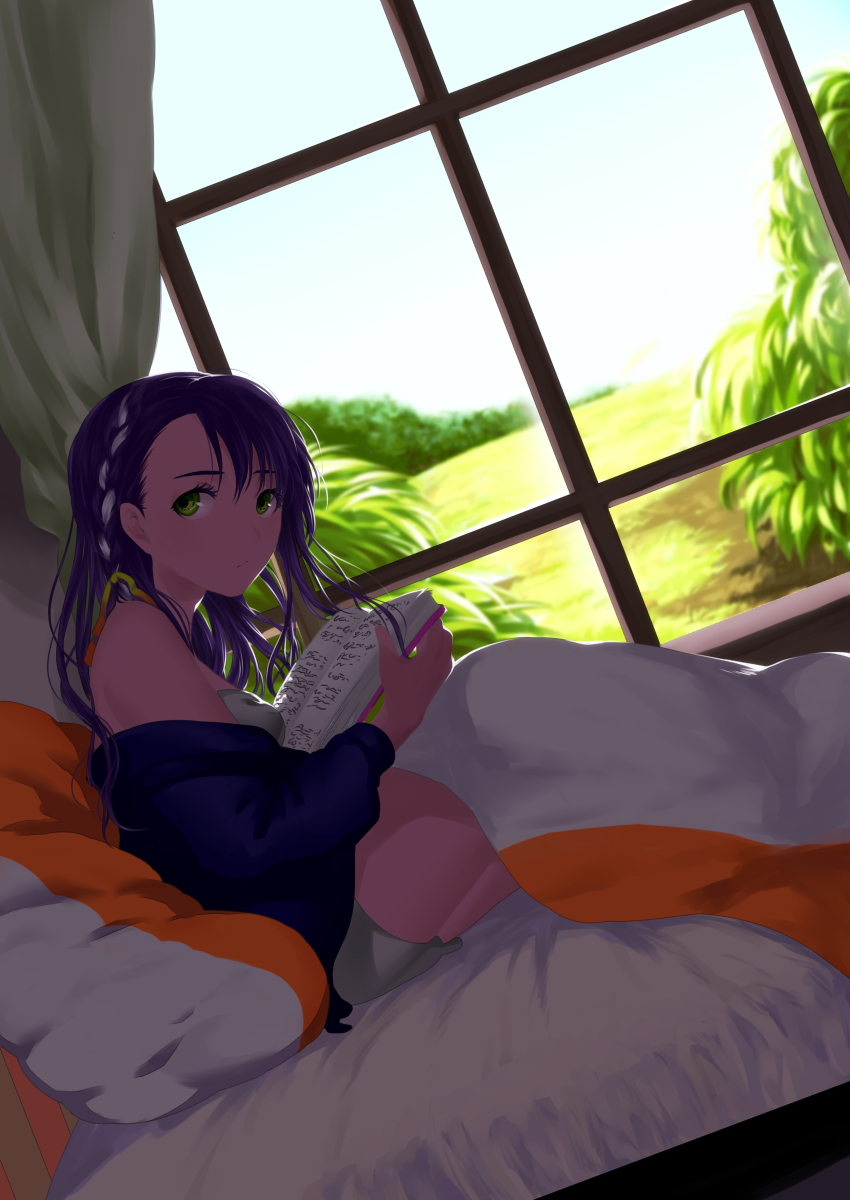 1girl, :/, absurdres, asymmetrical_bangs, asymmetrical_hair, backlighting, bare_shoulders, bed