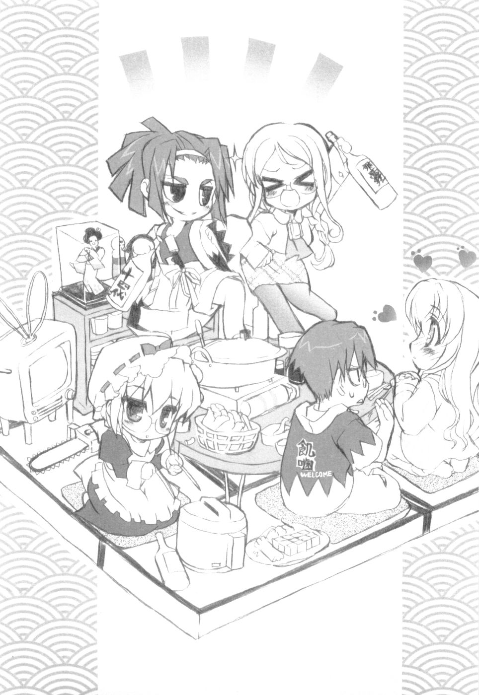 00s, 1boy, 4girls, alcohol, ayase_ruko, ayase_yuuto, chibi, food
