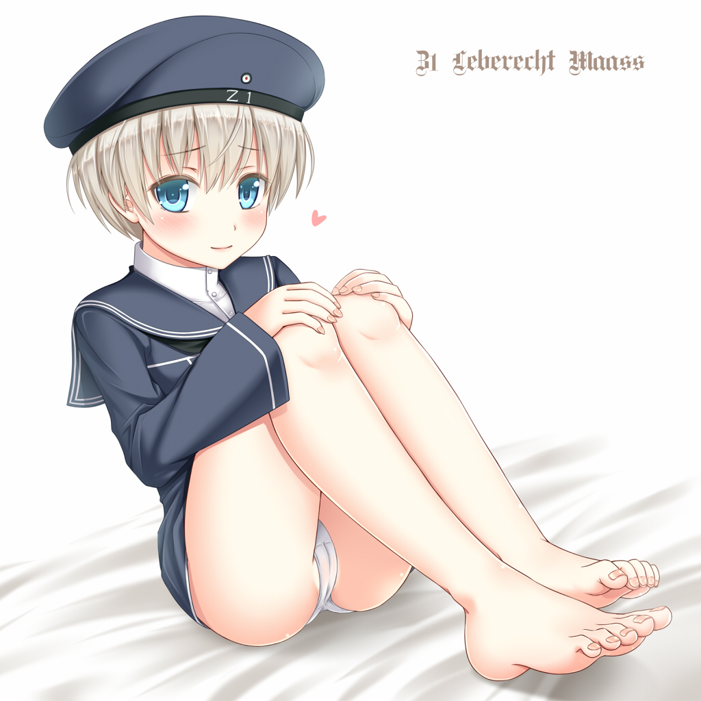10s, 1girl, barefoot, bed_sheet, blue_eyes, character_name, dress, feet