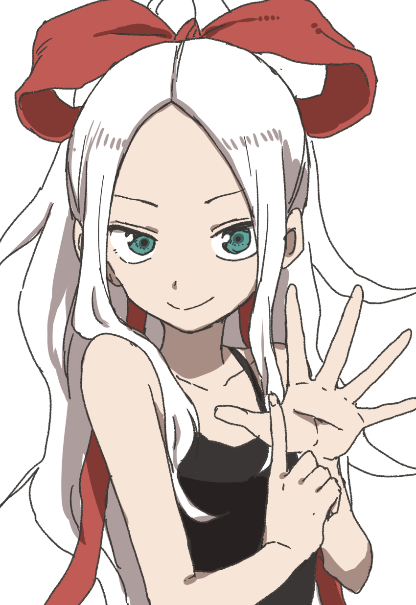 1girl, blue_eyes, female_focus, fudatsuki_kyouko, fudatsuki_no_kyouko-chan, hair_ribbon, highres, long_hair, looking_at_viewer, ponytail, red_ribbon, ribbon, simple_background, smile, solo, white_background, white_hair, yamamoto_souichirou