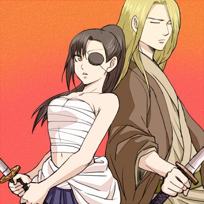 1boy, 1girl, 3mm, black_hair, blonde_hair, eyepatch, closed_eyes, gintama