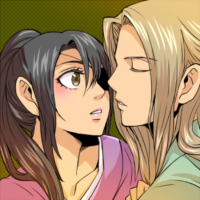 1boy, 1girl, 3mm, black_hair, blonde_hair, blush, couple, eyepatch