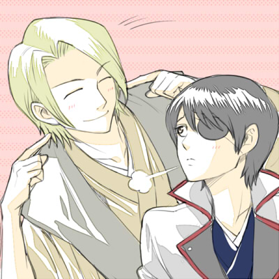 1boy, 1girl, 3mm, black_hair, blonde_hair, blush, eyepatch, closed_eyes