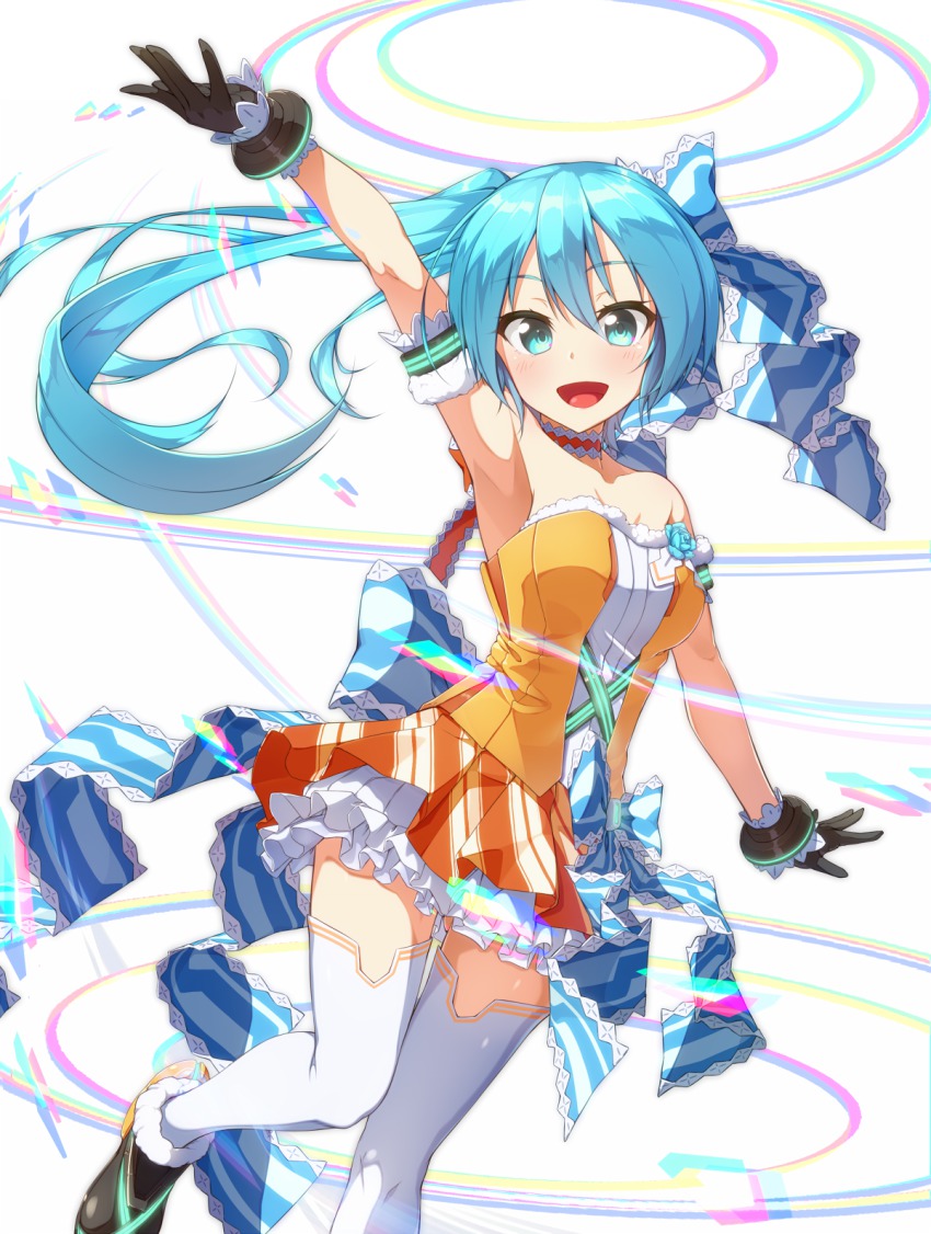1girl, :d, aqua_eyes, aqua_hair, arm_up, armlet, armpits, bare_shoulders