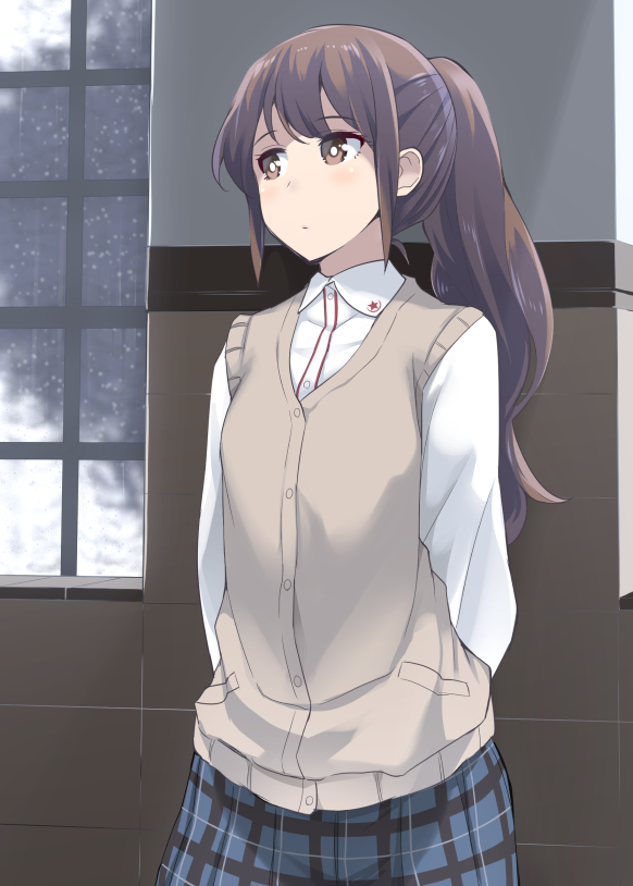 1girl, batsu, blush, brown_eyes, brown_hair, cardigan, cardigan_vest, checkered_clothes