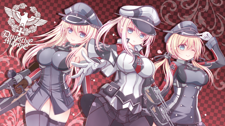 10s, 3girls, anchor_hair_ornament, armpits, bismarck_(kancolle), blonde_hair, blue_eyes, breasts