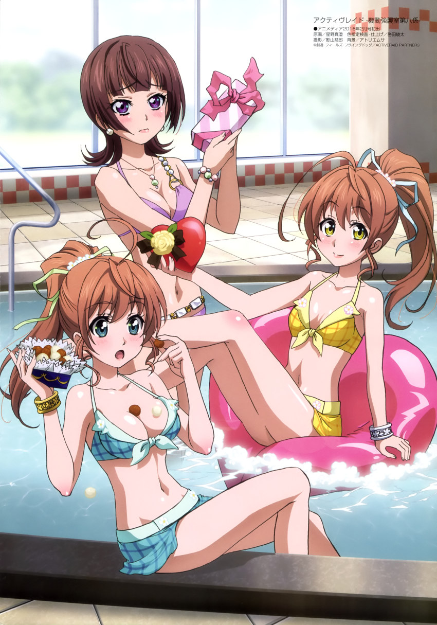 3girls, absurdres, active_raid, ahoge, arm_support, belly_chain, between_breasts, bikini