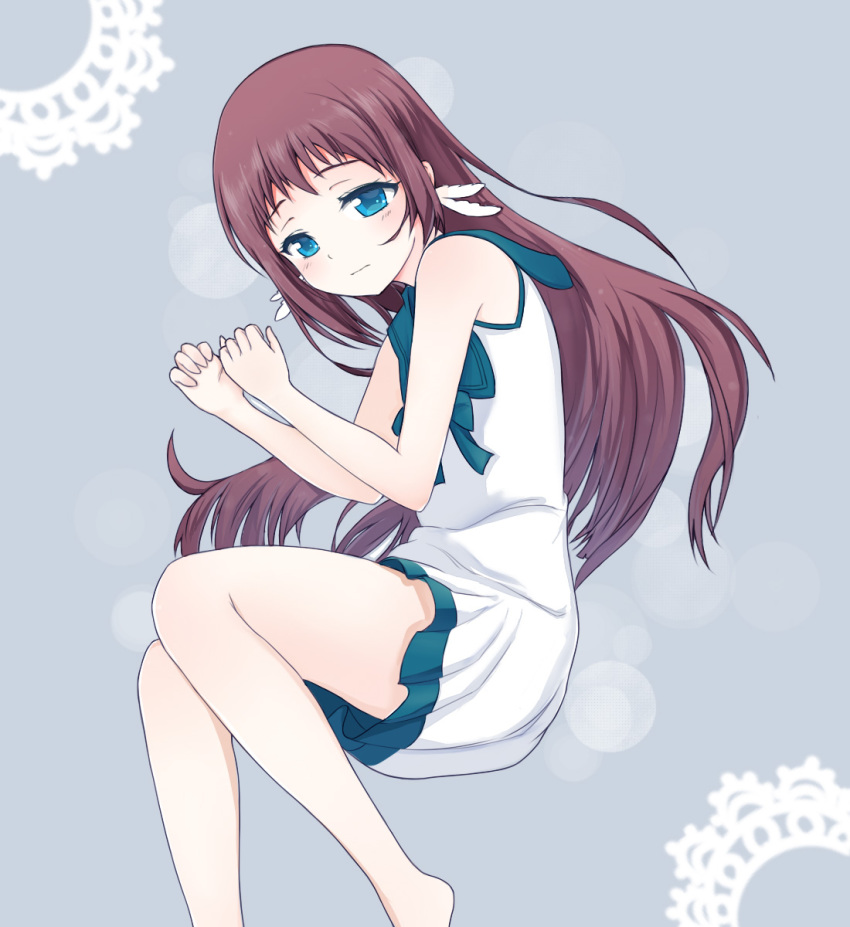 10s, 1girl, blue_eyes, brown_hair, dress, female_focus, highres, long_hair, lying, mukaido_manaka, nagi_no_asukara, on_side, sailor_dress, school_uniform, serafuku, solo, tsukimiya_yuuko