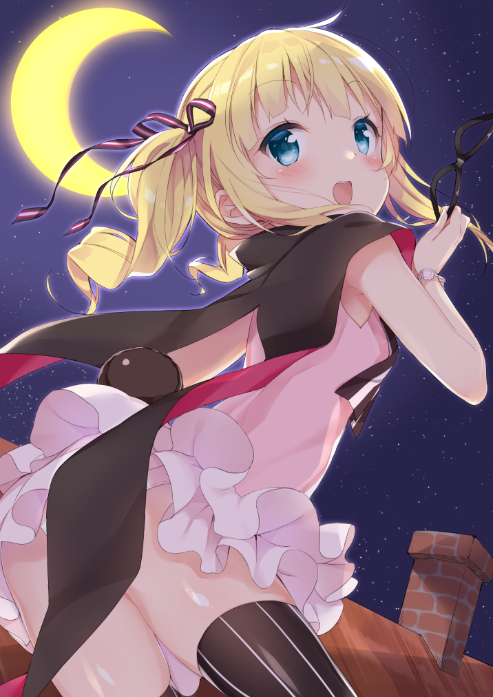 1girl, april_fools, black_thighhighs, blonde_hair, blue_eyes, blush, cape, chimney, convenient_censoring, crescent_moon, domino_mask, dress, eye_mask, female_focus, frilled_dress, frills, gochuumon_wa_usagi_desu_ka?, hair_ribbon, kirima_syaro, looking_at_viewer, looking_back, mask, moon, night, open_mouth, phantom_thief, phantom_thief_lapin, pink_dress, ribbon, rooftop, shiina_2265, sky, solo, thighhighs, tousaki_shiina, twintails, unworn_mask, wrist_cuffs