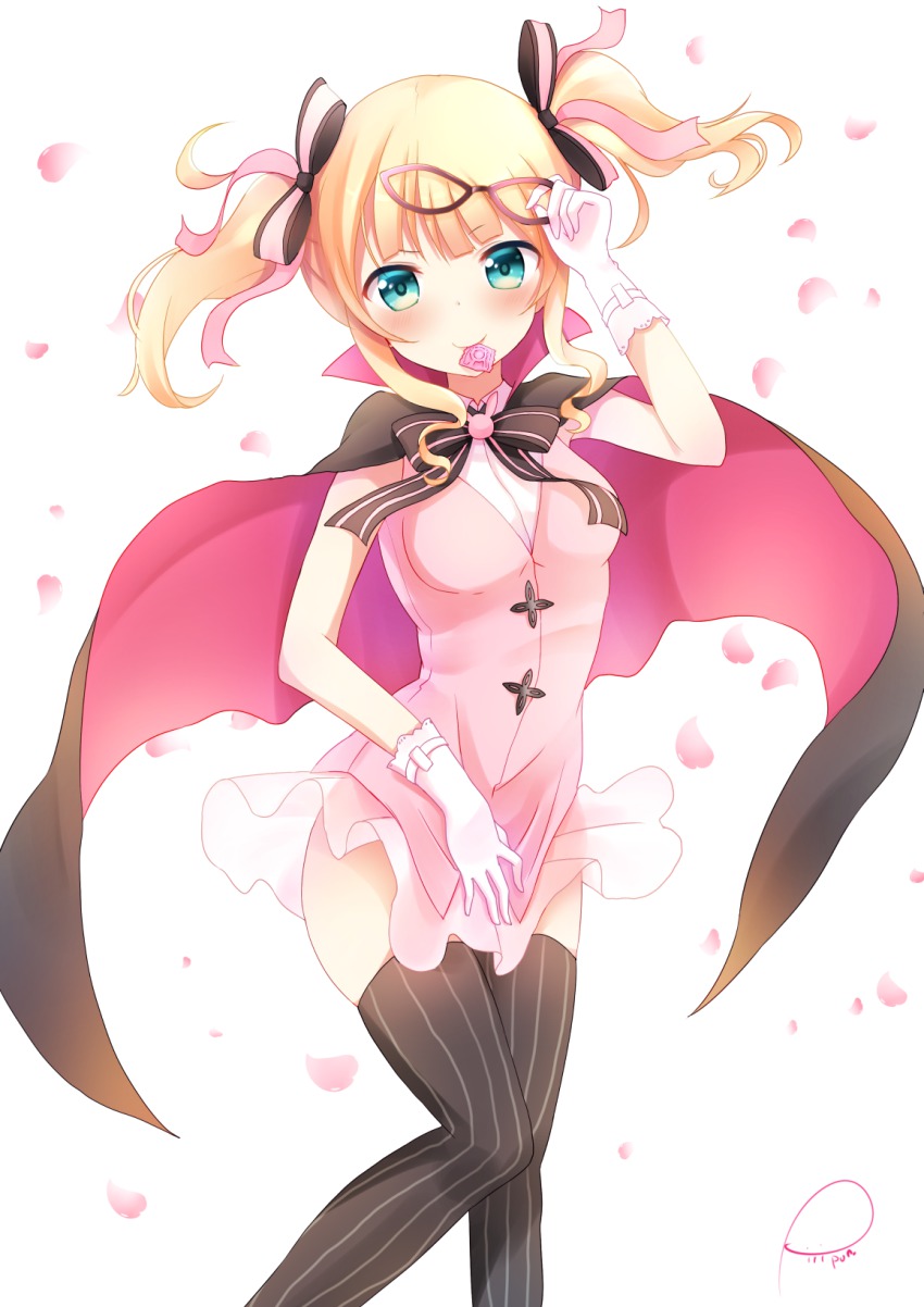 1girl, april_fools, aqua_eyes, black_thighhighs, blonde_hair, blush, cape, condom